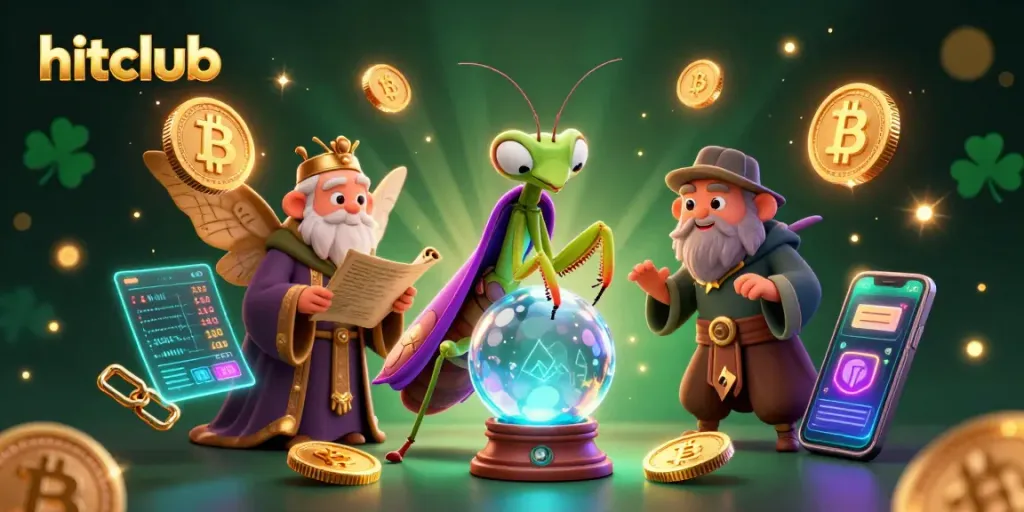 Hitclub enthusiasts celebrate wins with vibrant crypto-themed illustrations of fortune telling and rewards.