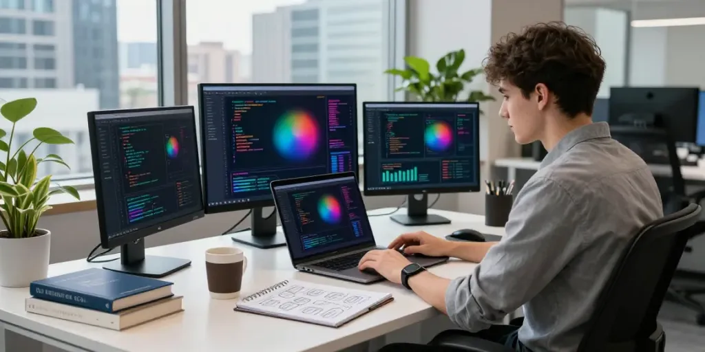 Dynamic workspace with developer crafting candy AI alternatives in modern tech setting.