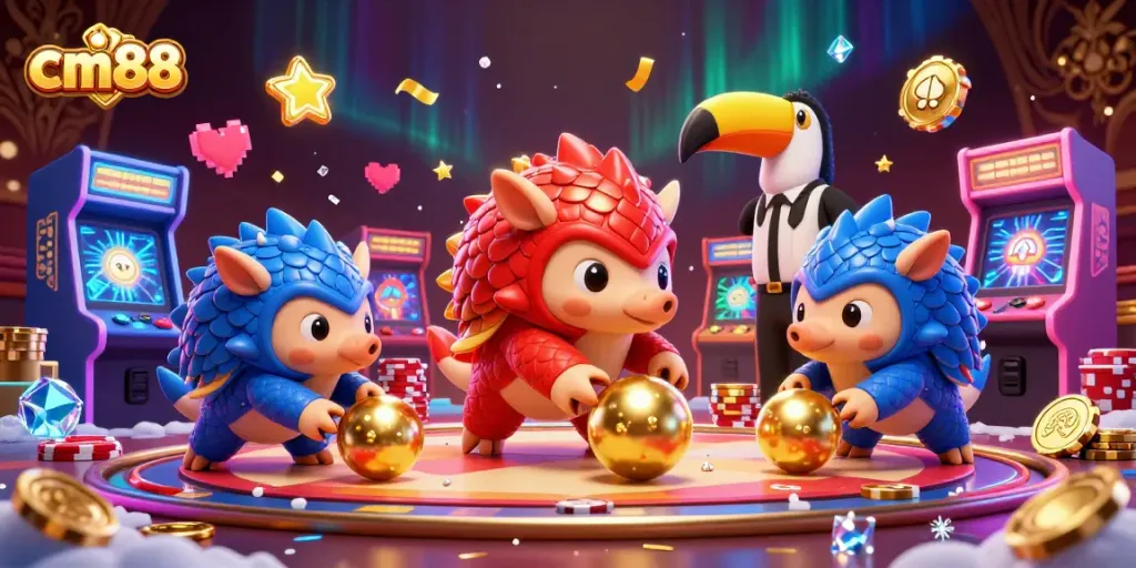 Engage in thrilling gameplay on cm88 with pangolins rolling golden balls and vibrant casino elements.