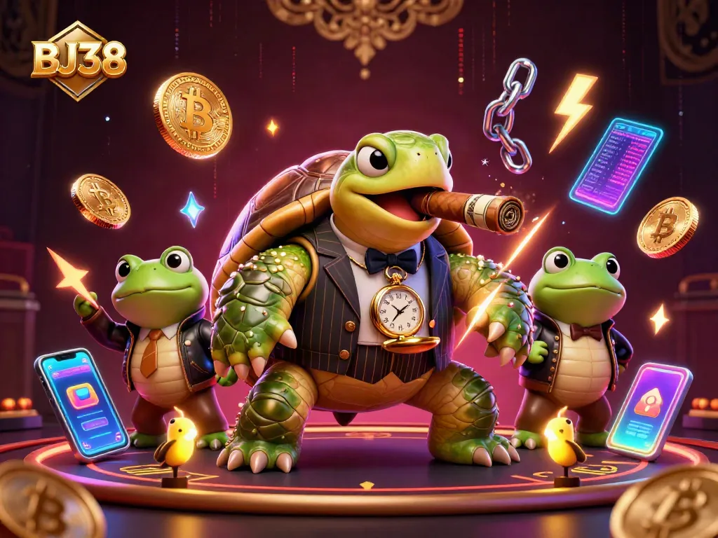 Engage in high-stakes casino action with BJ38 featuring a mobster turtle and energized crypto elements.