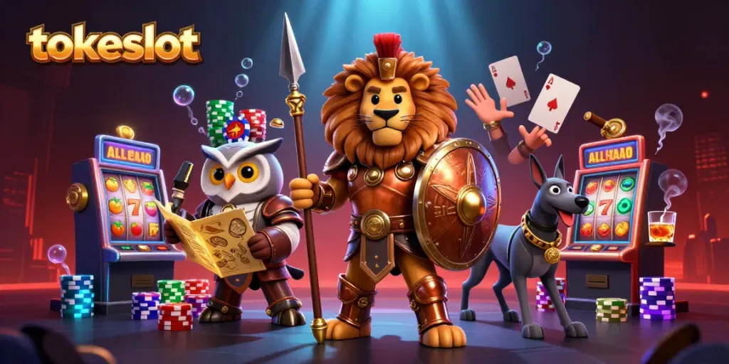 Engage with tokeslot's thrilling slot machines and strategy in vibrant 3D casino art.