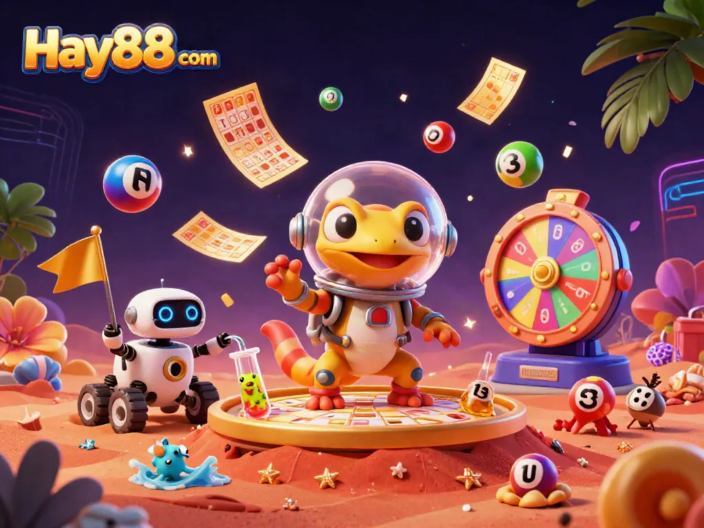 Experience the excitement of Hay88 com with a Martian gecko exploring a golden casino on Mars.