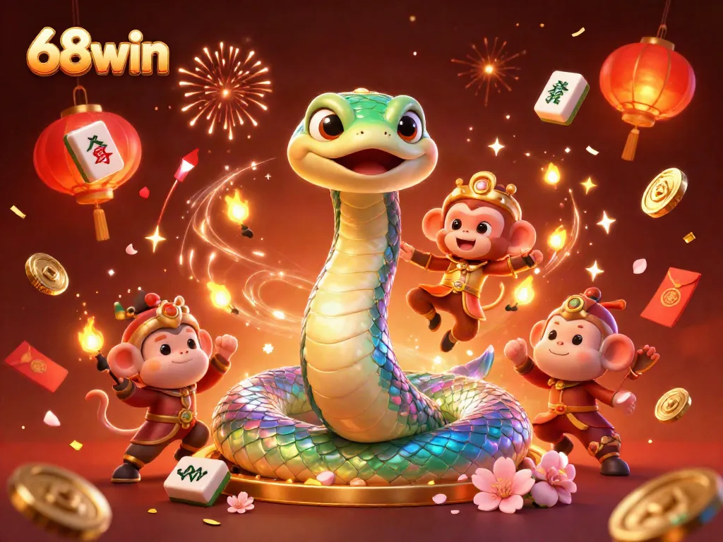 Immerse in the vibrant world of 68win with a magical 3D casino scene featuring a rainbow serpent and monkey king.