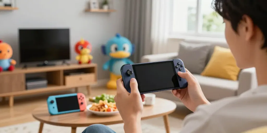 Engaged user enjoying Yono Arcade app on a smartphone in a lively living room.