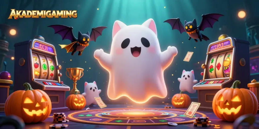 Experience thrilling gameplay at AKADEMIGAMING with a spooky casino scene featuring slots and friendly characters.