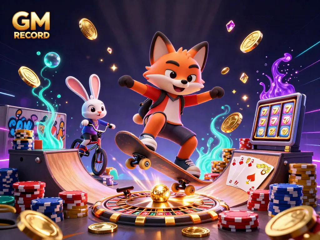 Experience the thrill with GM RECORD in an exhilarating casino-themed scene featuring dynamic characters and vibrant game elements.