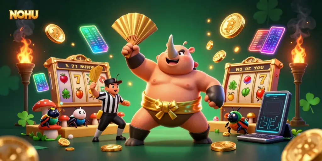 Experience thrilling gameplay at NOHU, where a sumo beetle champion sends golden coins flying in a dramatic casino scene.