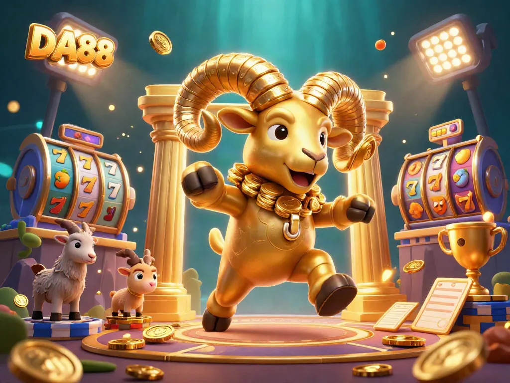 DA88 captures excitement with a golden ram charging through slot reels and trophies.