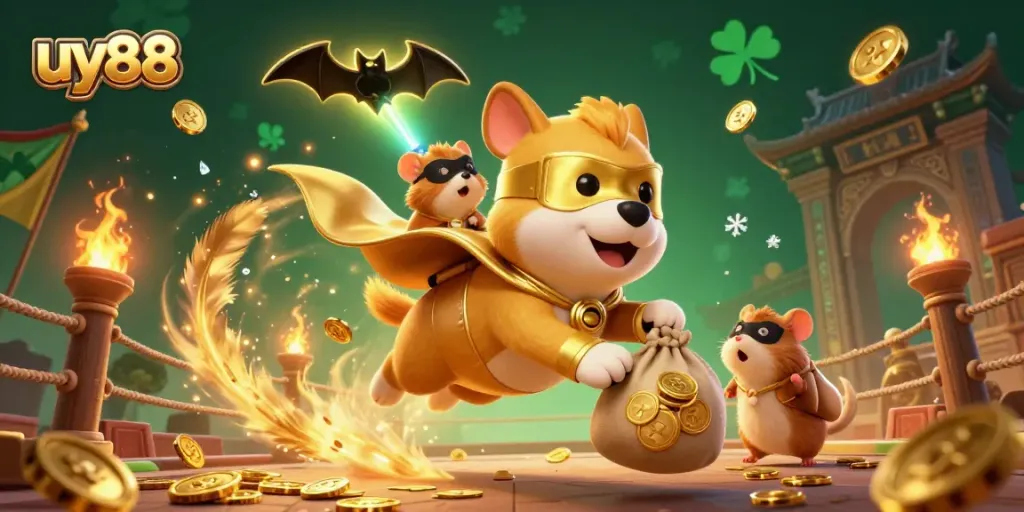 Experience thrilling action with uy88, featuring a superhero dog and sidekick amidst golden coins and casino elements.