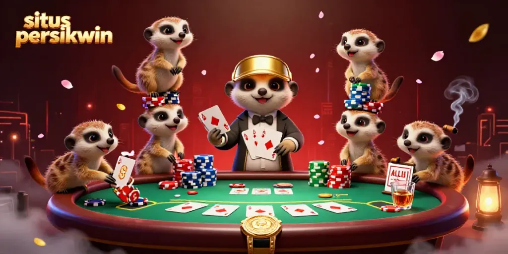Meerkats beroperasi di kasino sambil bermain poker di situs persikwin dengan chip berwarna-warni.