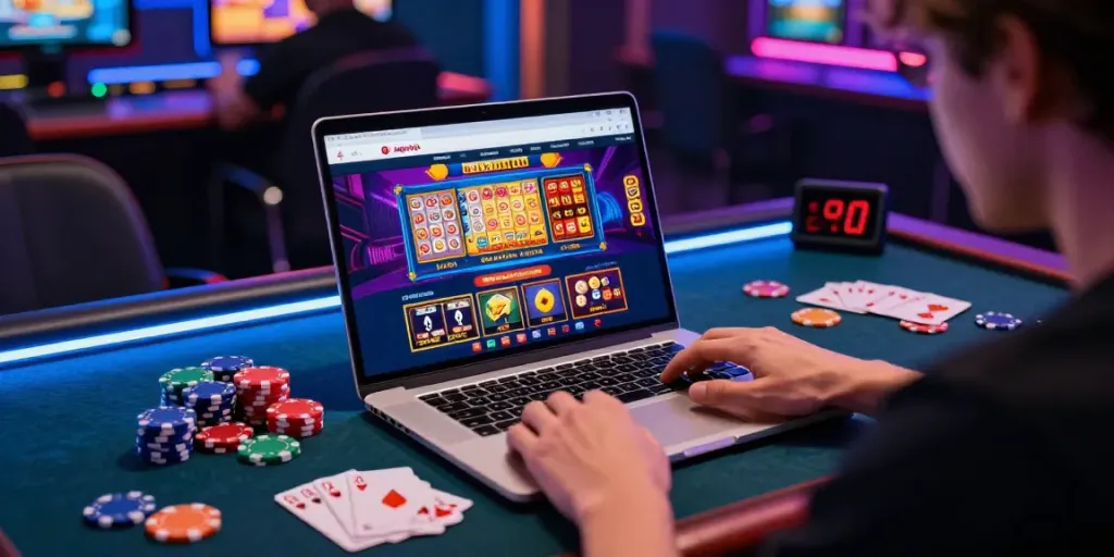 Pengalaman bermain jagototo di ruang permainan online yang cerah dengan laptop dan chip judi.