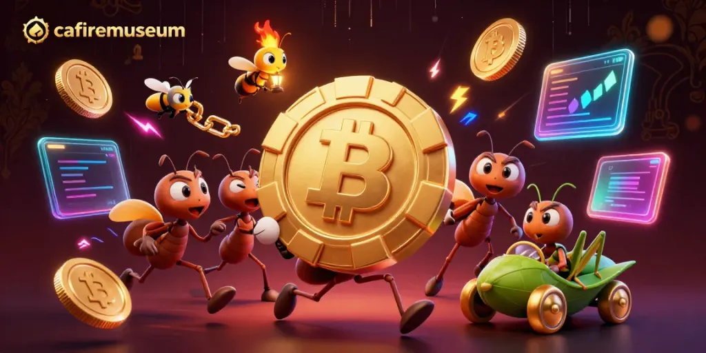 Ants transporting a giant golden poker chip in a vibrant, dynamic casino scene, representing cafiremuseum.
