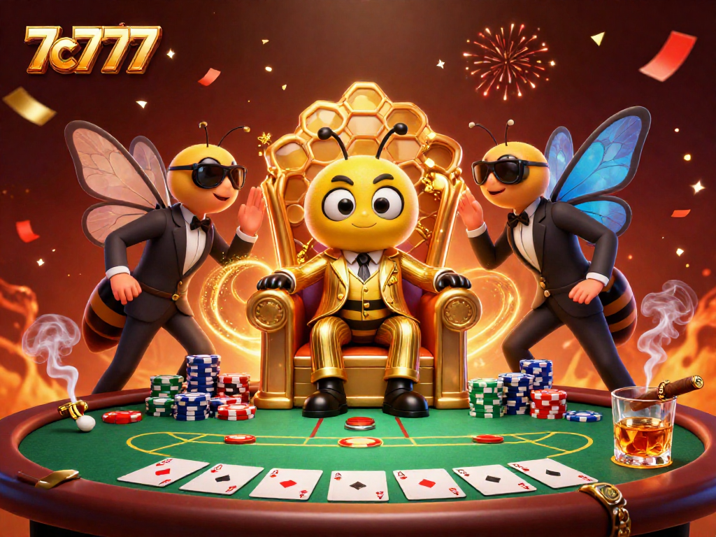 Experience excitement at 7c777's vibrant poker scene featuring a bumblebee mob boss.