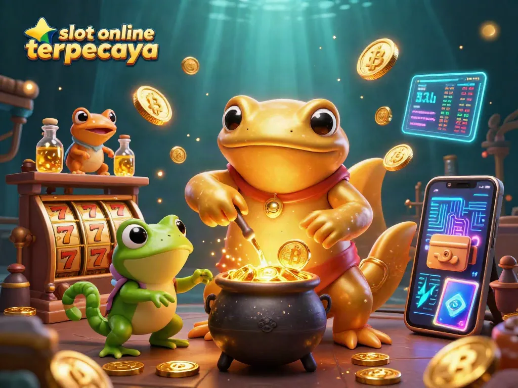 Engage with slot online terpercaya through a vibrant 3D scene of golden alchemy and crypto elements.