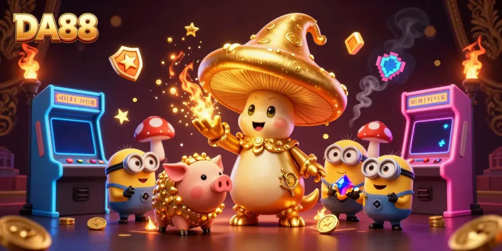 Embrace the magic of DA88 with a golden mushroom wizard and treasures in a dynamic casino scene.