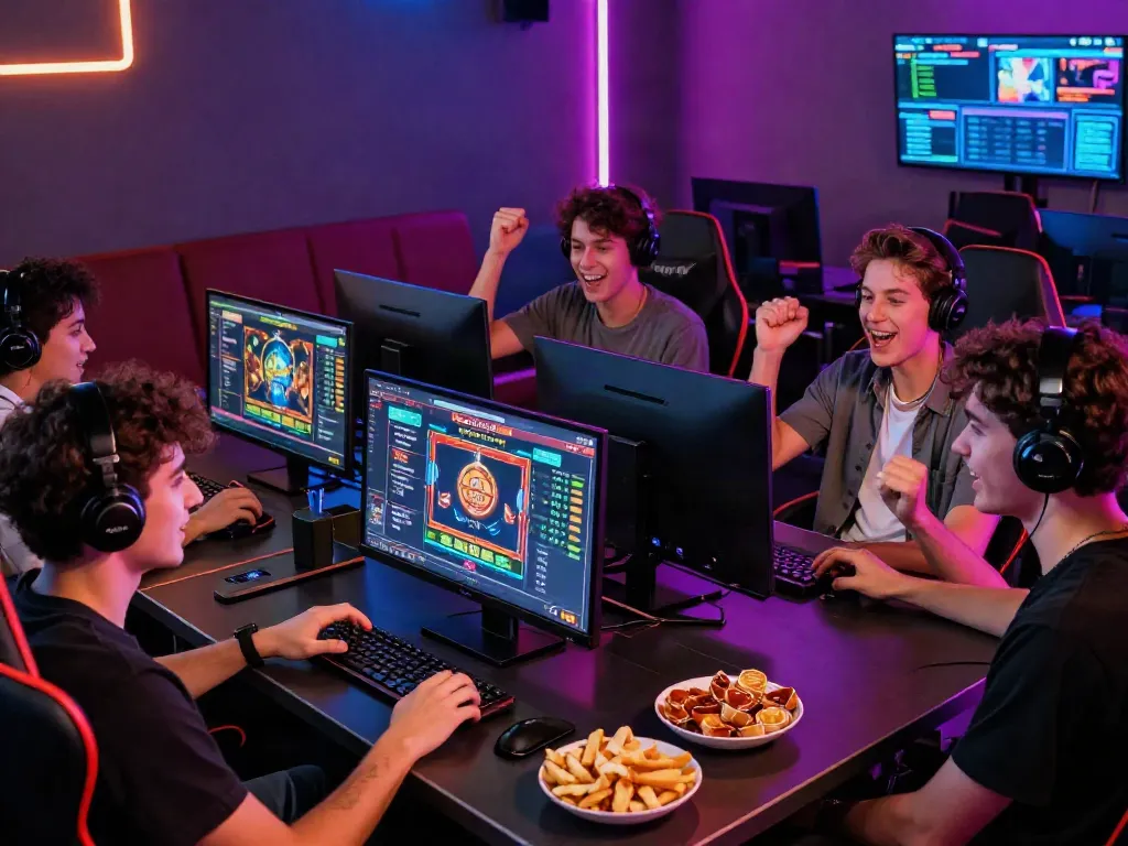 Friends enjoying luxury12 online slots in a vibrant gaming lounge