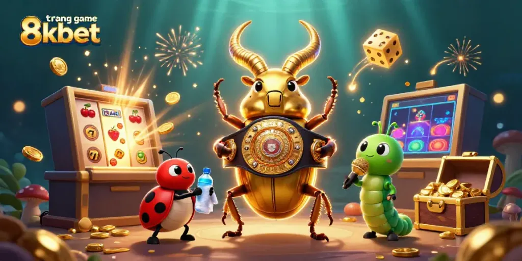 Experience the excitement of trang game 8kbet with this vibrant scene of winning casino elements and unique characters.