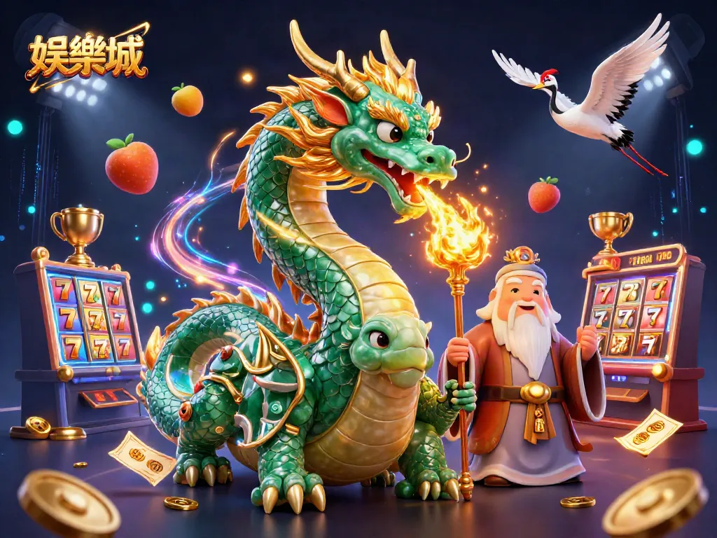 在娱乐城中，大型翡翠龙呼出金色火焰，象征着运气与奖励，周围充满丰富的赌博元素。