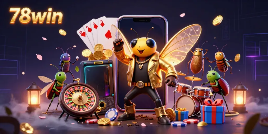 Experience the excitement of 78win's casino games with a vibrant rock star scene featuring animated characters and gaming elements.