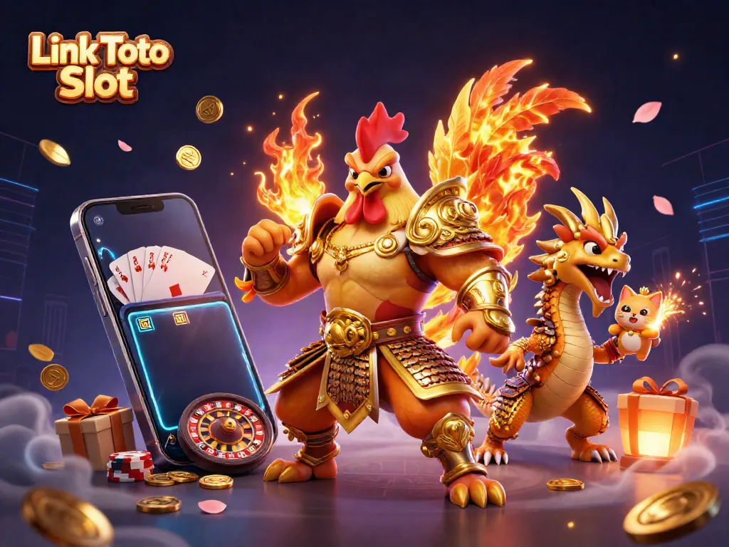 Link Toto Slot menampilkan ilustrasi 3D karakter penjudi bersemangat di kasino, dikelilingi elemen permainan yang menarik.