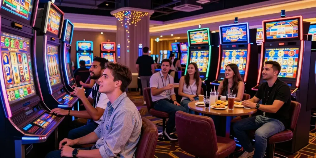 Exciting scene of a group enjoying slot gacor hari ini at a vibrant casino.
