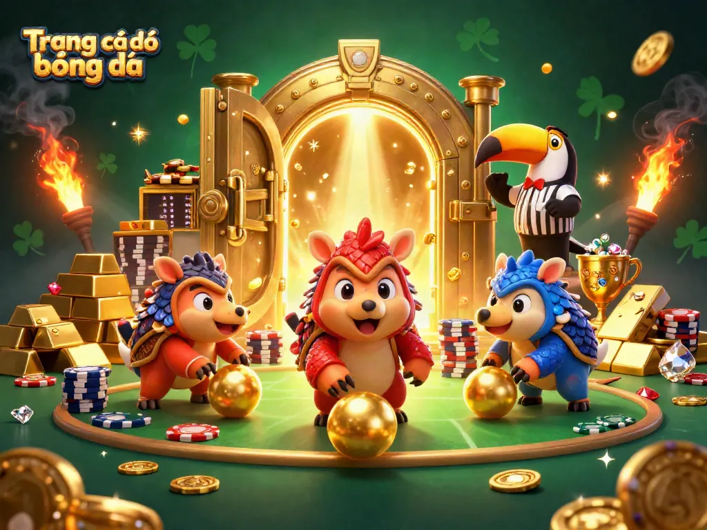 Experience vibrant sports betting excitement with Trang cá độ bóng đá featuring cartoon pangolins and golden treasures.