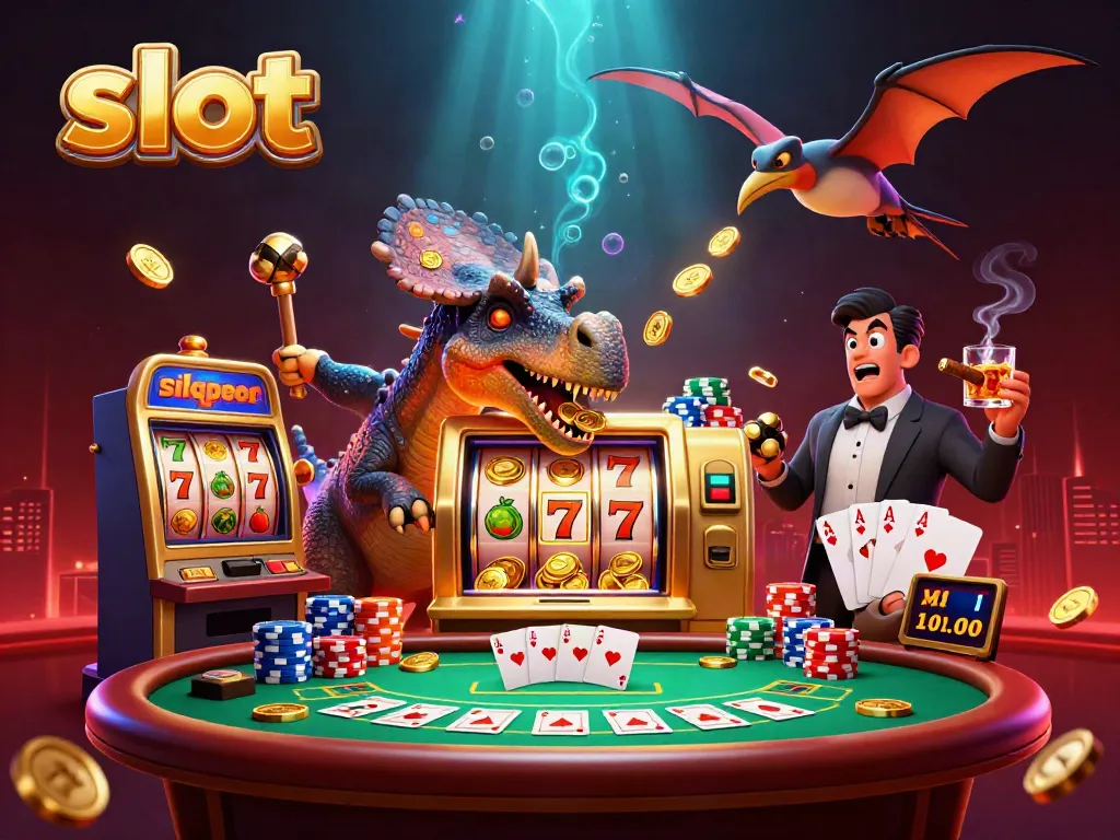 Cartoon dinosaurs celebrating a jackpot at a golden slot machine in a vibrant casino scene