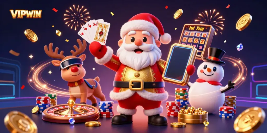 Experience big wins at VIPWIN with Santa and friends celebrating in a festive casino scene.