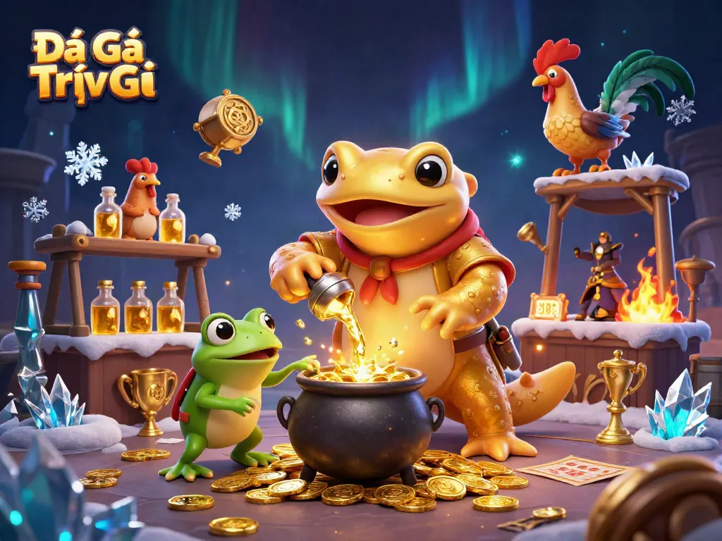 Experience Đá Gà Trực Tiếp betting excitement with a vivid illustration of a cockfighting arena, gold coins, and dynamic characters.