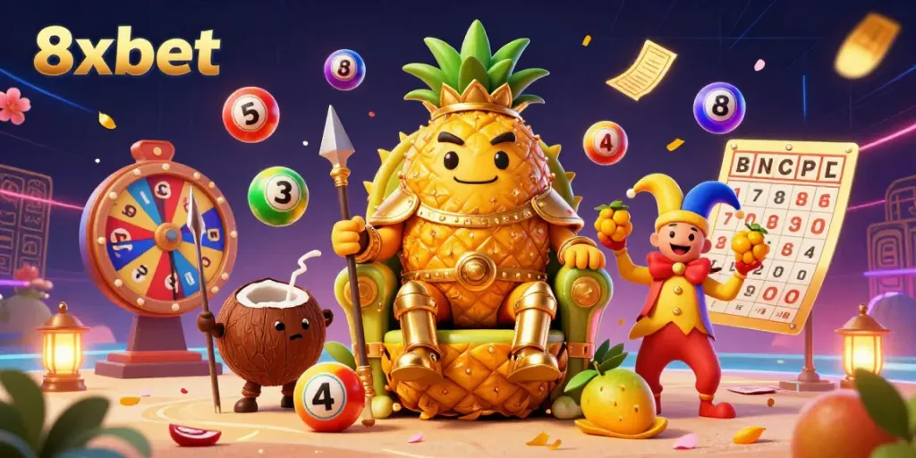 Experience excitement at 8xbet with the golden pineapple king and vibrant casino elements.