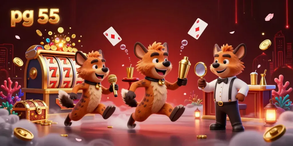 Experience the excitement of pg 55 with a lively casino scene featuring hyena characters engaging in gambling activities and shining slot reels.