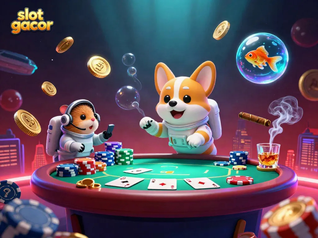Experience thrilling slots action with our vibrant slot gacor illustration featuring a playful corgi and poker elements.