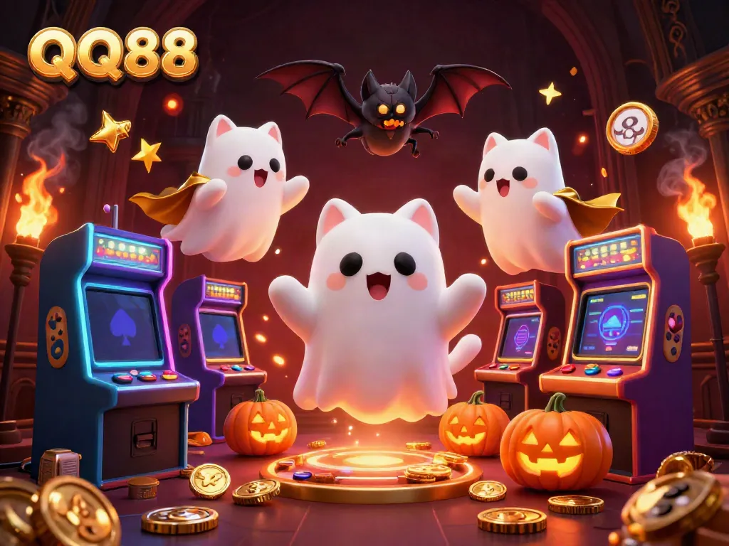 Experience thrilling gaming adventures at QQ88 with a ghost cat and vampire bat in a haunted casino scene.