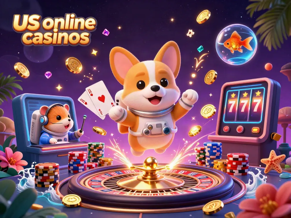 Experience thrilling gameplay at us online casinos with our cartoon astronaut corgi and friends in a vibrant casino scene.