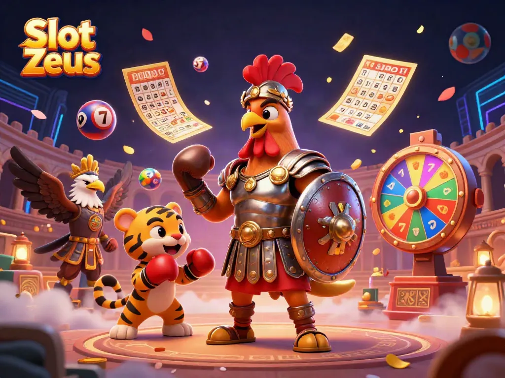 Slot Zeus dalam ilustrasi penuh warna dengan gladiator ayam dan elemen permainan slot.