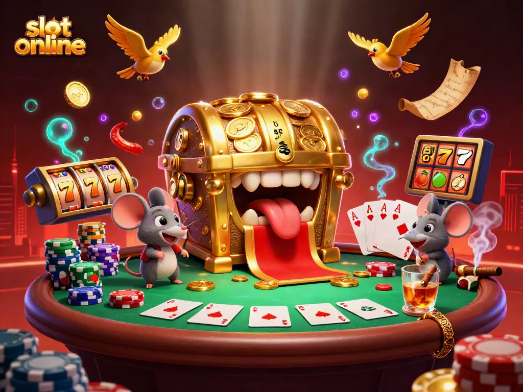 Spin the reels on slot online with a vibrant scene featuring treasure and gaming elements.