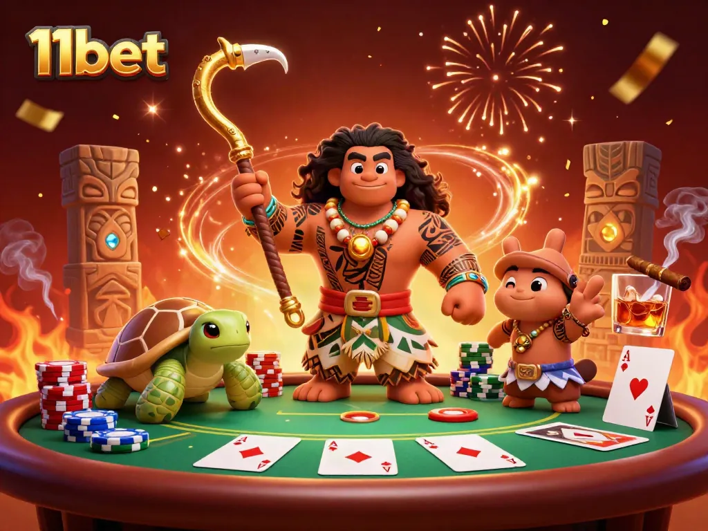 Engage in thrilling games with 11bet as vivid characters and casino elements create an exciting scene.