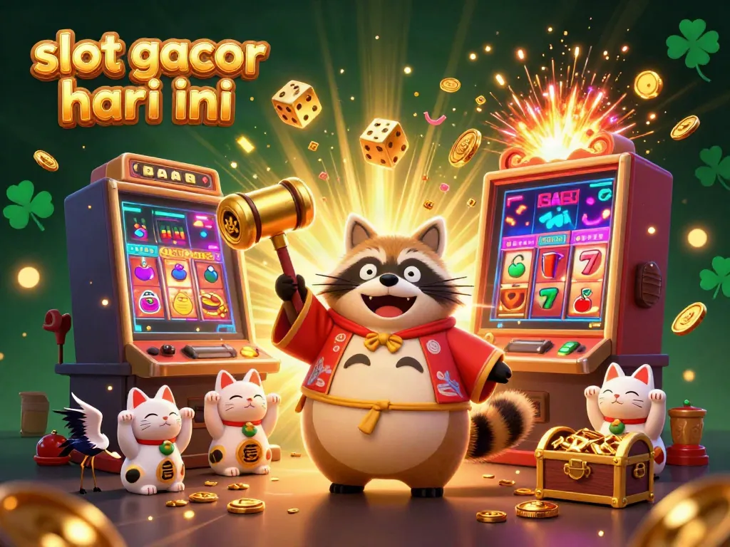 Slot gacor hari ini diilustrasikan dengan karakter tanuki ceria dan elemen kasino yang dinamis.
