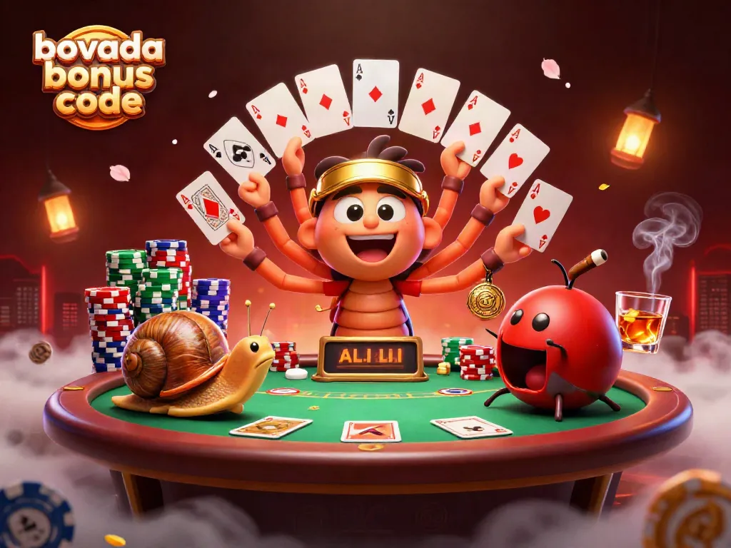 Engage with the Bovada bonus code featuring animated casino characters in a vibrant poker showdown.