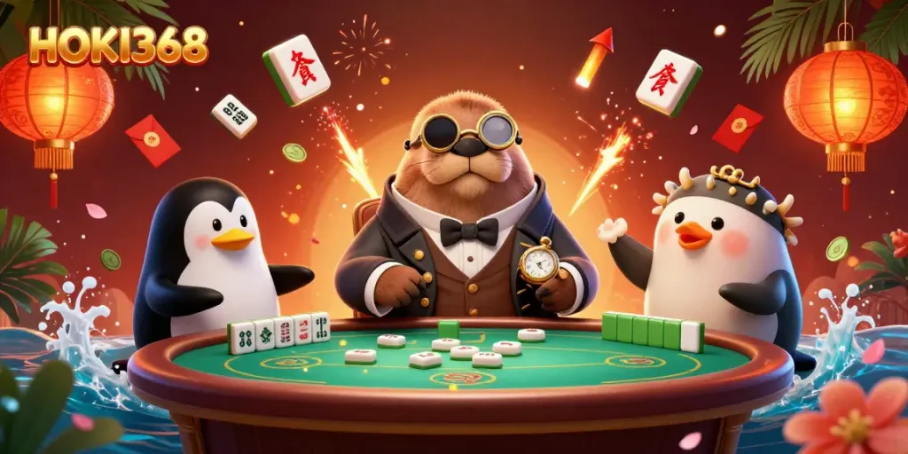 Engage with HOKI368's lively underwater poker scene featuring unique characters and festive elements.