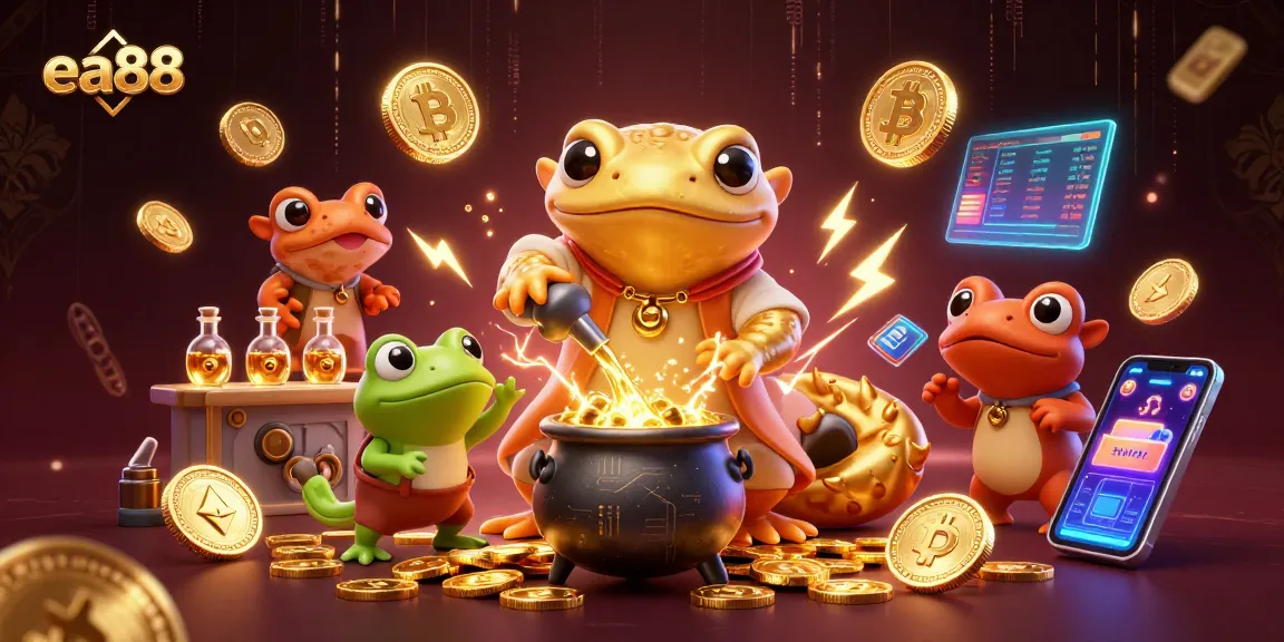 Engage with ea88's enchanting online casino world, featuring a gold-transmuting alchemist and crypto elements.
