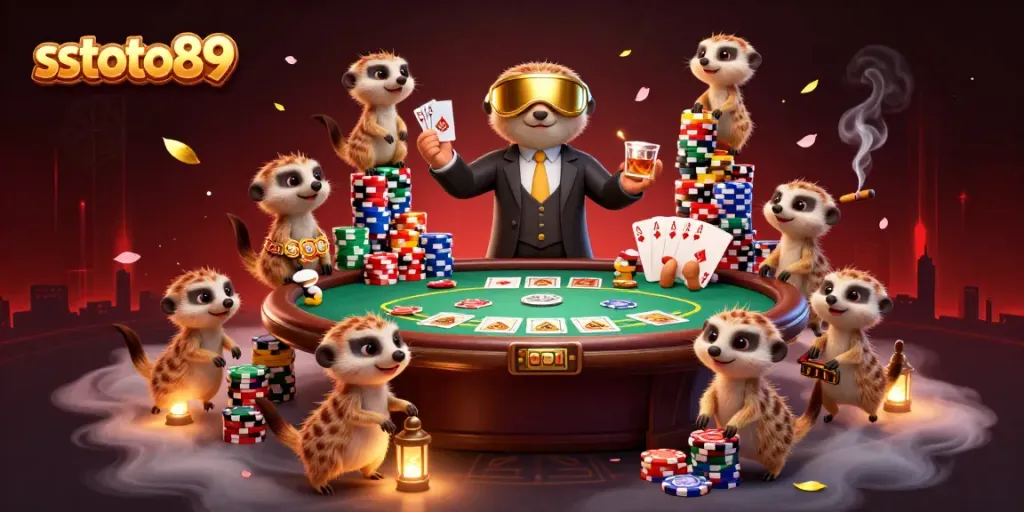 Permainan kasino sstoto89 ditampilkan dengan koloni meerkat sambil mengoperasikan meja poker dan chip