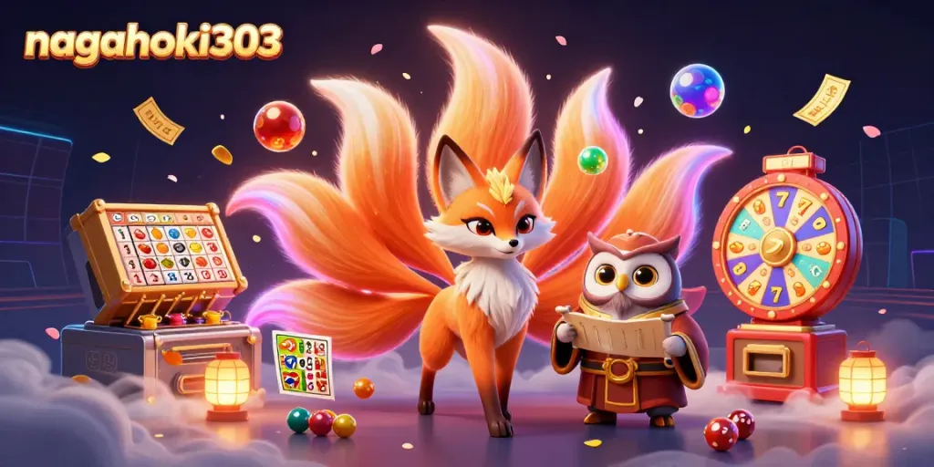 Ilustrasi menarik nagahoki303 dengan aspek slot online dan karakter fantastis dalam suasana kasino.