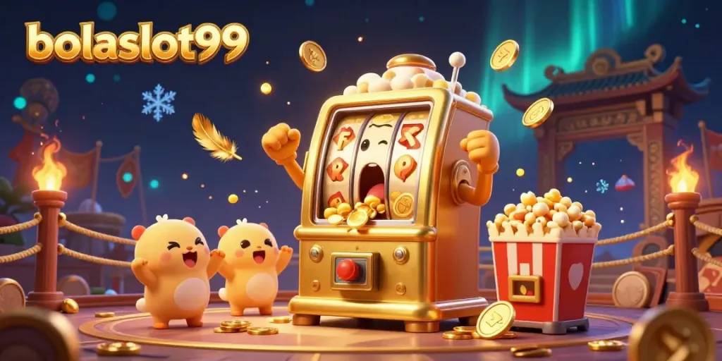 Experience the thrill of winning with bolaslot99 in this vibrant slot machine scene featuring golden coins and cheering characters.