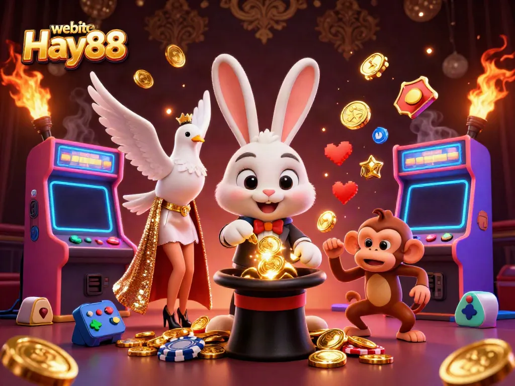 Experience exciting gaming action on the website Hay88 with a magical scene of a rabbit magician and casino elements.