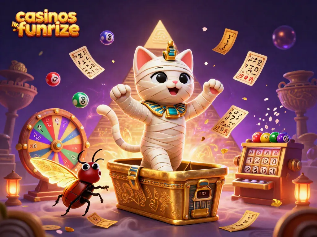 Play slots and games at casinos like Funrize featuring a mummy cat and mystical elements.