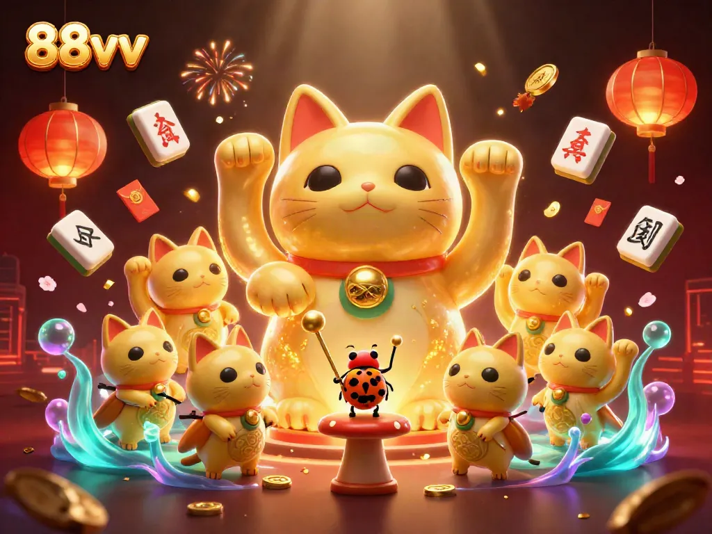 Experience the excitement of 88vv with a golden lucky cat animated amidst casino symbols in vibrant illustration.