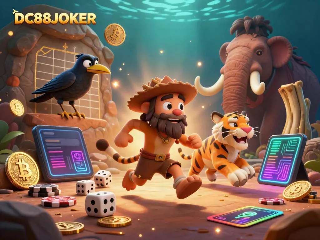 Experience the thrill of DC88JOKER in a vibrant prehistoric casino scene with animated characters and crypto elements.