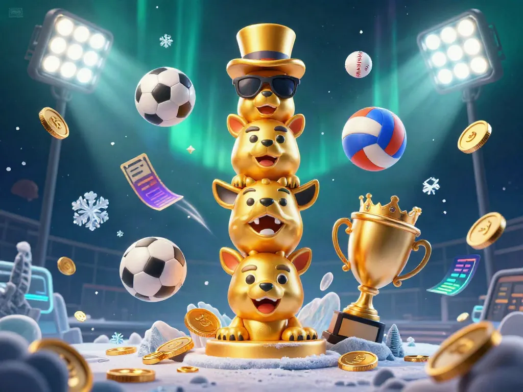Engage with LGODEWA's vibrant 3D cartoon scene featuring a golden totem and playful sports elements.