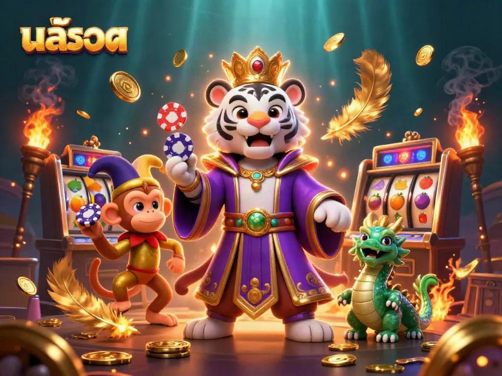 Experience thrilling สล็อต gameplay as a cartoon white tiger and a monkey juggle poker chips amidst dynamic casino elements.